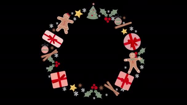 Dekorasi Natal Mengatur Bingkai Bundar Terisolasi Latar Belakang Hitam — Stok Video
