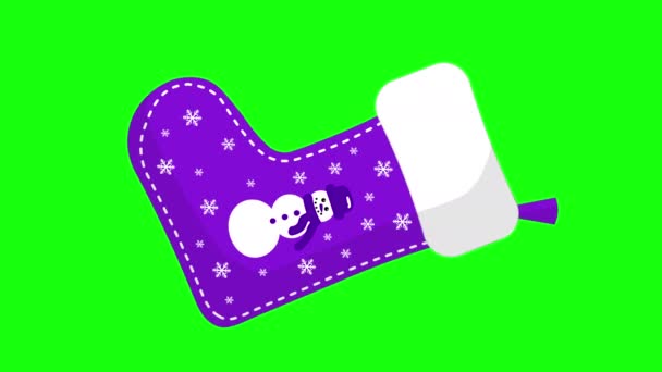 Purple Christmas Sock Snowflakes Snowman Rotating Green Chromakey Background — Stock Video