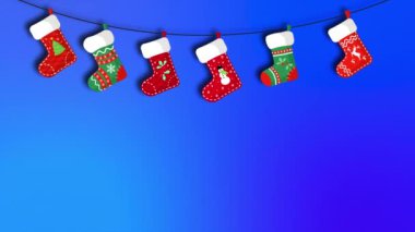 Arka plan Noel Çorapları Tasarımı 'nda izole edilmiş Neon Dekoratif Asılı Çoraplar ve Kar Taneleri ve Noel Geyiği