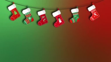 Arka plan Noel Çorapları Tasarımı 'nda izole edilmiş Neon Dekoratif Asılı Çoraplar ve Kar Taneleri ve Noel Geyiği