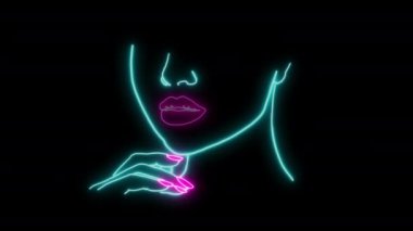 Aydınlatılmış Neon Parlayan Kadın Yüzlü El Soyut Çizim. Pembe rujlu ve ojeli güzel bir kadın. Güzellik Bakımı 'nın izole tasarımı Güzellik İşleri için Neon Kadın Yüzü