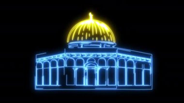 El-Aksa Camii 'nin ya da Filistin' deki El-Kaide 'nin parlak neonları. Tapınak Dağı ikonundaki el çizimi kaya kubbesi siyah bir animasyon arka planında aydınlatmalı taslak tarzıyla.