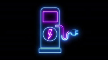 Parlayan Neon Işıklı Elektrikli Araç Animasyonu Modern Akıllı Araba Şarj İstasyonu Kablo Hareket Animasyonu Eko Temiz ve Yeşil Enerji kavramı Neon Elektrik Aracı şarj prizi takılı.