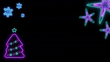 Kara Arkaplan üzerinde parıldayan Neon Noel Ağacı aydınlatması yeni yıl soyut Noel döngüsü ve Neon parlayan ışıklar döngü tasarımı şablonu