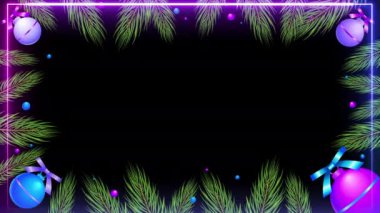 Yaratıcı Animasyon Tasarımı Yeni Yıl ve Noel Kutlama Kartı veya Sancak Tasarımı. Saten kurdelelerle bağlanmış dekoratif toplar ve Noel süslemeleri ile dönen çam ağacı yaprakları..