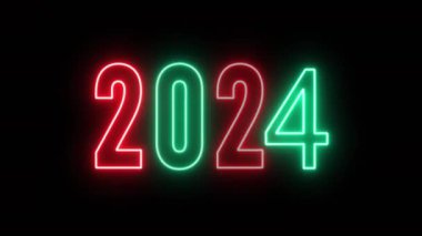 2024 Yeni Yıl Yaratıcı Kartı Tasarımı Yeni Yıl ve Noel Neon Sancağı veya Kart Şablonu İçin Animasyon Renkleri Tasarımı. Parlayan Neon Aydınlatılmış Tasarım Elemanı. Neon Yıl Kartı