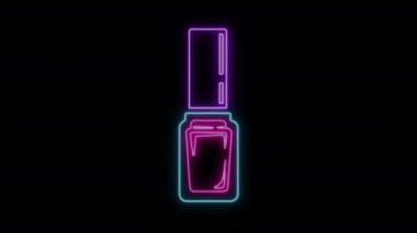 Glowing Neon Outline Nail polish thin line icon. Neon Nail Polish Glass Bottle Design. Blank template of container with purple varnish for manicure. Led Light illustration isolated on Black Background