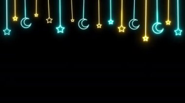 Neon Parıldayan Dikey Hilal ve Yıldızlar Canlandırılmış Dekoratif Tasarım Elementleri. Kara Arkaplanda Hilal. Müslüman bayramları için animasyon filmi. Ramazan Kareem Aydınlanmış Ay ve Yıldız.
