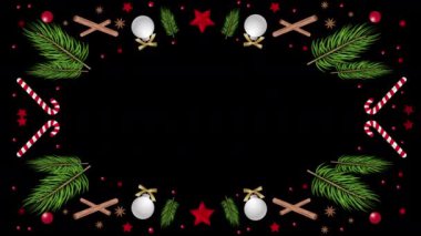  Animasyon Tasarımı Yeni Yıl ve Noel ağacı yaprakları Noel Kara Arkaplan Şablonu Dönen çerçeve şablonu tasarımı Dönen gerçekçi çam ağacı yeni dalları Noel süsleri ile birlikte