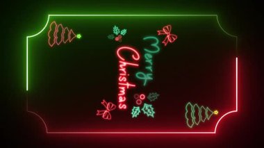  Parlayan Neon Light Mutlu Noeller siyah arka planda parlayan neon mektuplar. Yakın plan Banner Led Light Mutlu Noeller ve Holly Berries Aydınlatılmış Kutlama Kartı Şablonu.