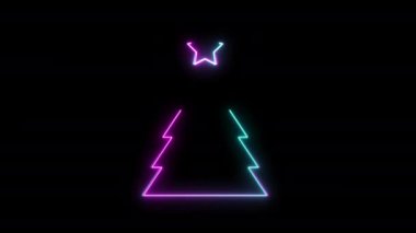  Siyah Arkaplanda Parlayan Neon Noel Ağacı. Neon, Noel 'in soyut döngü geçmişini aydınlattı. Yeni yıl ve tatil modern kutlama kartı şablonu 