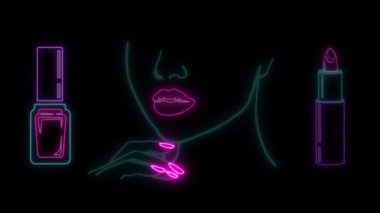 Aydınlatılmış Neon Parlayan Kadın Yüzlü El Soyut Çizim. Pembe rujlu ve ojeli güzel bir kadın. Güzellik Bakımı 'nın izole tasarımı Güzellik İşleri için Neon Kadın Yüzü