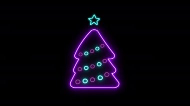  Siyah Arkaplanda Parlayan Neon Noel Ağacı. Neon, Noel 'in soyut döngü geçmişini aydınlattı. Yeni yıl ve tatil modern kutlama kartı şablonu 