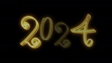2024 Yeni Yıl Yaratıcı Kartı Tasarımı Yeni Yıl ve Noel Neon Sancağı veya Kart Şablonu İçin Animasyon Renkleri Tasarımı. Parlayan Neon Aydınlatılmış Tasarım Elemanı. Neon Yıl Kartı
