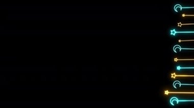 Neon Parıldayan Dikey Hilal ve Yıldızlar Canlandırılmış Dekoratif Tasarım Elementleri. Kara Arkaplanda Hilal. Müslüman bayramları için animasyon filmi. Ramazan Kareem Aydınlanmış Ay ve Yıldız.