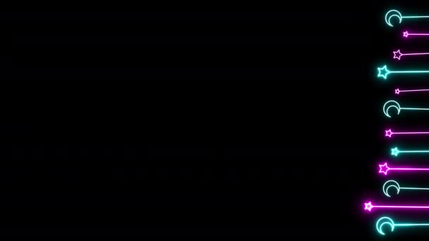 霓虹闪耀的垂直新月和星辰动漫装饰设计元素 新月黑色背景 穆斯林节日动画运动 拉马丹 卡里姆照亮的月亮和星星 — 图库视频影像