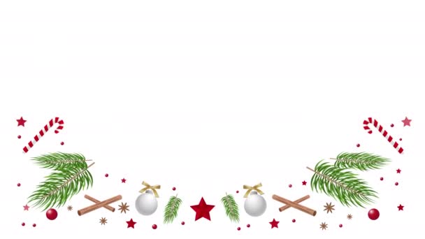 アニメーションデザイン新年とクリスマスツリーの葉クリスマスブラックバックドロップテンプレート回転フレームテンプレートデザイン クリスマスの装飾と現実的な松の木の新鮮な枝を回転 — ストック動画