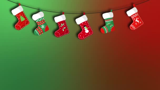背景圣诞袜设计中孤立的带雪花的动画霓虹灯装饰吊袜和圣诞鹿袜 — 图库视频影像