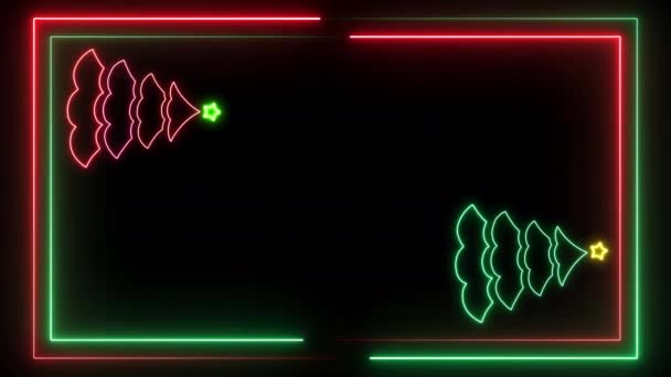 Animierter Leuchtender Roter Neon Weihnachtsbaum Auf Schwarzem Hintergrund Neon Beleuchtete — Stockvideo