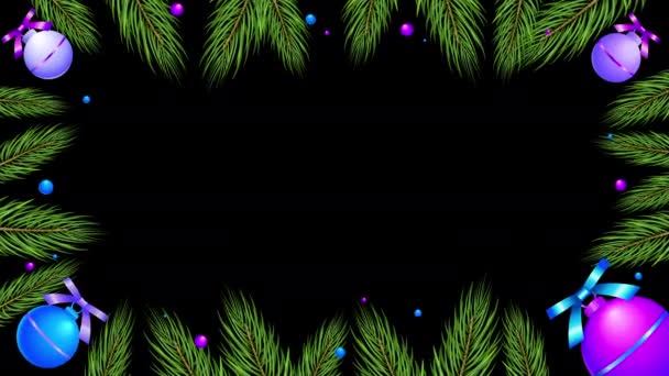 创意动画设计新年及圣诞贺卡或横幅设计 挂满缎带的装饰墙和带圣诞装饰的旋转圣诞树叶子 — 图库视频影像