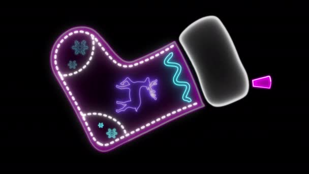 Animált Neon Dekoratív Akasztás Zokni Hópelyhekkel Karácsonyfa Elszigetelt Fekete Háttér — Stock videók