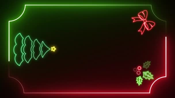在黑色背景上的动画明亮的霓虹灯圣诞彩灯新年和节日庆祝卡片模板霓虹灯旋转回路设计 — 图库视频影像