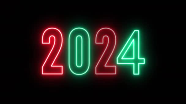 2024快乐新年创意卡设计及圣诞霓虹灯或卡片模板的动画霓虹灯设计 发光的霓虹灯照明设计元素 — 图库视频影像