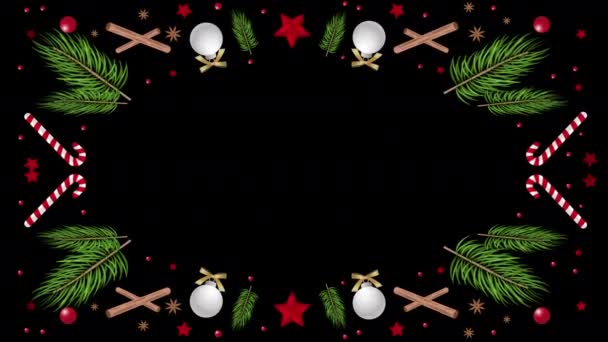 アニメーションデザイン新年とクリスマスツリーの葉クリスマスブラックバックドロップテンプレート回転フレームテンプレートデザイン クリスマスの装飾と現実的な松の木の新鮮な枝を回転 — ストック動画