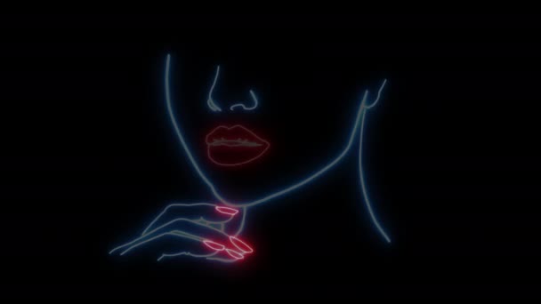 Illuminated Neon Glowing Woman Face Hand Drawn Abstrakt Illustration Vacker — Stockvideo