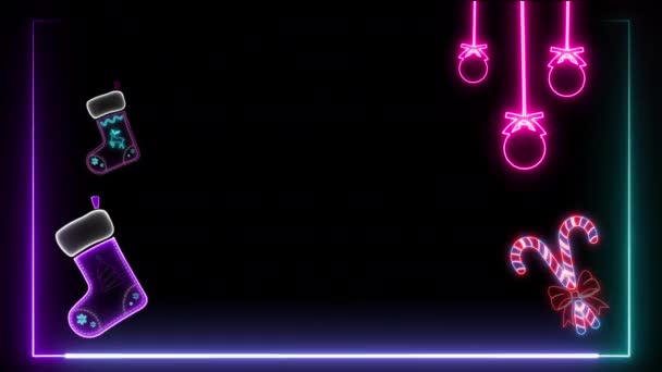 Glowing Neon Christmas Black Background Neon Illuminated Xmas Abstract Loop — Stock Video