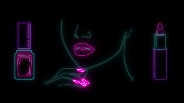 Iluminado Neon Brilhante Mulher Face Mão Desenhada Ilustração Abstrata Mulher — Vídeo de Stock