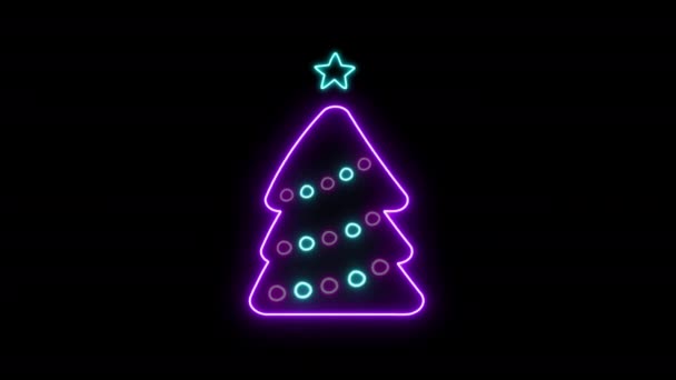 Gloeiende Neon Kerstboom Zwarte Achtergrond Neon Verlicht Kerst Abstracte Lus — Stockvideo