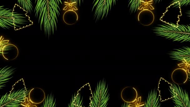 4K设计圣诞树离开旋转框架模板设计 新年卡片或横幅模板在黑色背景上旋转松树新枝 假日框架模板 — 图库视频影像