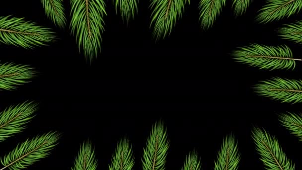 4Kアニメーションデザイン新年とクリスマスツリーの葉 テキストやデザイン回転フレームテンプレートのデザイン 現実的な松の木の新鮮な枝をXmasで回す — ストック動画