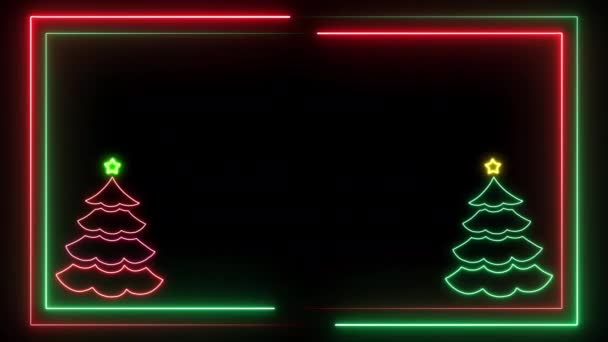 Animated Glowing Red Neon Christmas Trees Black Background Neon Illuminated — Stock Video