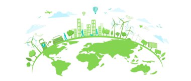 Yenilenebilir ve Çevre dostu enerji kavramı taşıyıcı bayrağı. Temiz Çevre, Teknolojik sürdürülebilir enerji ve Alternatif Enerji kavramı için Vektör Düz Tasarım elementleri, Vektör Tasarım illüstrasyonu.