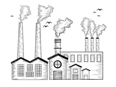 Vector Hand Drawn Industry Factory Illustration. Endüstriyel peyzaj gravürleri. Pencereleri, çatıları ve bacaları olan fabrika binası. Duman ve kuşlar kahverengi arka planda izole edilmiş.