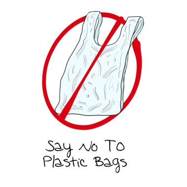 Plastik Kirliliği Durdur. Plastik poşet kullanmayın. Eko poşet kullanın. Ekoloji ve Çevre Temizliği Konsept Vektör Sancak Tasarımı. El yapımı tasarım elementleri. Web sitesi iniş sayfası veya poster şablonu.