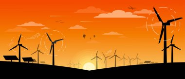 Yazdırılabilir Çevre Enerjisi Yenilenebilir Güç Kavramsal Vektör Sancağı. Temiz Çevre konsept taşıyıcı banner tasarımı için vektör düz tasarım elementleri Sunset peyzajı. Yazdırma için ya da internette kullanılabilir.