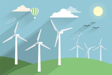 Yenilenebilir ve Çevre dostu enerji kavramı taşıyıcı bayrağı. Temiz Çevre, Teknolojik sürdürülebilir enerji ve Alternatif Enerji kavramı için Vektör Düz Tasarım elementleri, Vektör Tasarım illüstrasyonu.