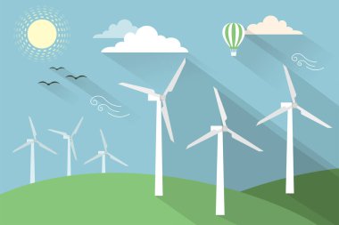 Yenilenebilir ve Çevre dostu enerji kavramı taşıyıcı bayrağı. Temiz Çevre, Teknolojik sürdürülebilir enerji ve Alternatif Enerji kavramı için Vektör Düz Tasarım elementleri, Vektör Tasarım illüstrasyonu.