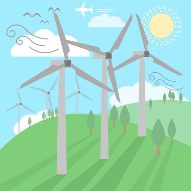 Yenilenebilir ve Çevre dostu enerji kavramı taşıyıcı bayrağı. Temiz Çevre, Teknolojik sürdürülebilir enerji ve Alternatif Enerji kavramı için Vektör Düz Tasarım elementleri, Vektör Tasarım illüstrasyonu.