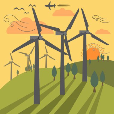 Yenilenebilir ve Çevre dostu enerji kavramı taşıyıcı bayrağı. Temiz Çevre, Teknolojik sürdürülebilir enerji ve Alternatif Enerji kavramı için Vektör Düz Tasarım elementleri, Vektör Tasarım illüstrasyonu.