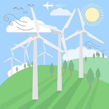 Yenilenebilir ve Çevre dostu enerji kavramı taşıyıcı bayrağı. Temiz Çevre, Teknolojik sürdürülebilir enerji ve Alternatif Enerji kavramı için Vektör Düz Tasarım elementleri, Vektör Tasarım illüstrasyonu.