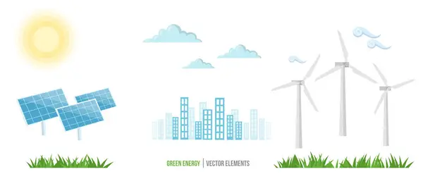 太阳能 替代能源和生态概念矢量设计 孤立的设计元素 矢量景观与太阳能电池板设计元素 可再生能源和清洁环境设计 — 图库矢量图片