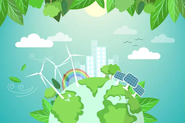 Miljövänlig Och Grön Energi Koncept Vektor Platt Design Illustration Globe — Stock vektor