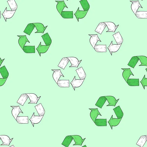 Recycle Sign Renewable Icon Vector Seamless Pattern Hand Drawn Retro — Vetor de Stock