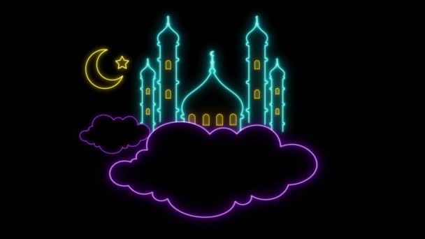 Neon Glödande Ramadan Kareem Gratulationskort Design Isolerad Svart Bakgrund — Stockvideo