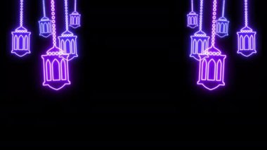 Parlayan Neon Fenerler Kara Arkaplanda izole edildi. Animasyon Fenerler Tasarım Elementleri. Ramazan ve İslami bayram konsepti için asılı ışıklar.