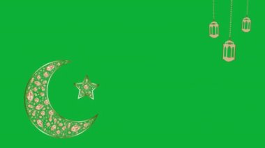 Yıldız Madalyasıyla süslenmiş Altın Ay, Ramazan Kareem ve Yeşil Ekran Doğulu veya İslami Geometrik Süslemeler Animasyon Arkaplanına İzole Edilmiş Kurban Bayramı İslami Sancak Şablonu